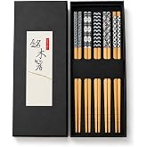 Valkyrie 5 &Ccedil;ift Doğal Ahşap Yemek &Ccedil;ubuğu Seti Japon Desenli Kaymaz U&ccedil;lu Kutulu 22,5cm Chopstick Seti