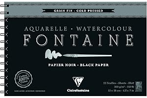 Clairefontaine 975310C - Bloc de espiral de papel acuarela fuente 12 hojas de grano fino negro, 12 x 18 cm, 300 g