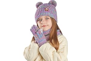 LANCRY Winter Hat Scarf And Gloves Set Kids, Warm Thermal Girls Boys Hat Scarf Gloves Set Knitted Beanie Cap Snood Neck Warmer Touchscreen Mitten with Soft Fleece Lining For Kids Age 4-10