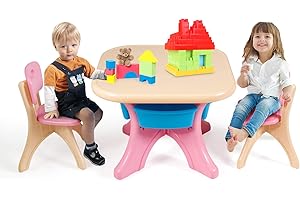 GOPLUS Table Enfant avec Chaise, Set 1 Table et 2 Chaises avec 4 Paniers de Rangement en Plastique, Pieds avec Coussinets Antidérapants, pour Enfants Plus de 3 Ans, Charge 50KG (Rose)