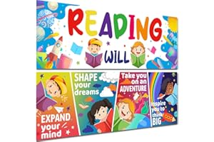 PLIGREAT 2 Pcs Classroom Banner and Poster, Reading Classroom Library Decorations Cartoon Bulletin Board Wall Decor Poster for Kindergarten Elementary Middle School Back to School