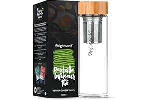 WEIGHTWORLD Bouteille Isotherme 500ml avec Filtre Inox et Verre Double Paroi, Thermos Café, Infuseur Thé Chaud, Infusion Thé Froid ou Fruits, Gourde Verre sans BPA avec Couvercle Bambou et Housse de Transport