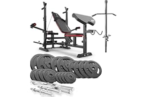 HS HOP-SPORT HOP-Sport® Ensemble d'haltères 76 kg-116 kg et Banc de Musculation Multifonction HS-1075, Pupitre de Biceps, Papillon, Poulie Haute, Set de disques de Poids en Fonte 31 mm, Kit de Barres d'haltères