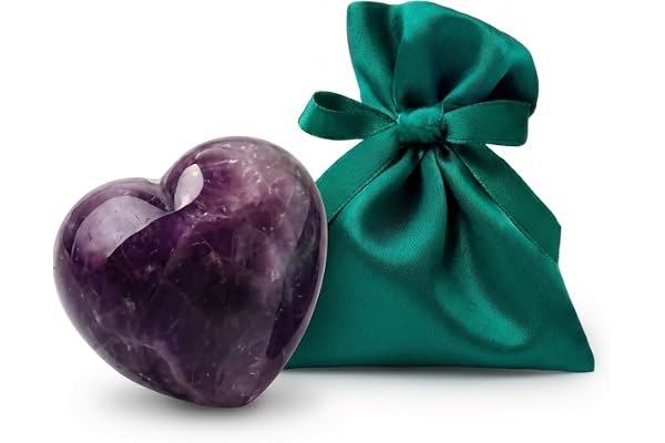 Milaboo ädelstenshjärta 4 cm av ametist aventurin eller rosenkvarts natursten handsmycke med grönt sammetssäckchen present lyckostens tröstesten (ametist)