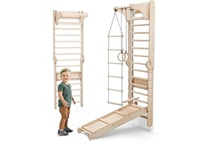 Goodevas 6-in-1 Holz Schwedenwand & Rutschensatz – Vielseitiges Indoor Kletterdreieck Set für Kinder mit Leiter, Rutsche, Monkey Bars – Perfekt für 2 bis 12 Jährige