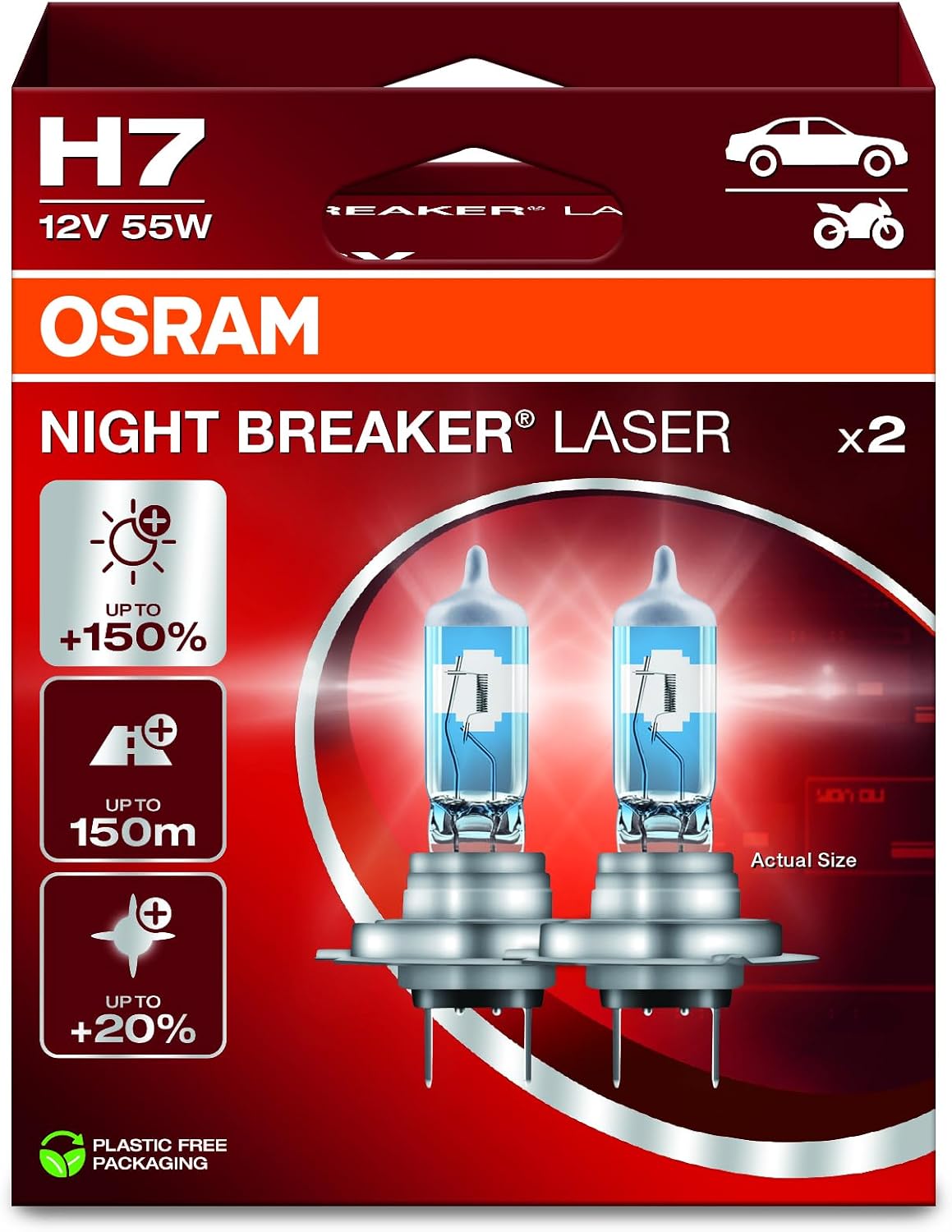 OSRAM NIGHT BREAKER LASER H7, +150% more brightness, halogen headlight lamp, 64210NL-2HB, 12V, Hanging folding box (2 lamps)