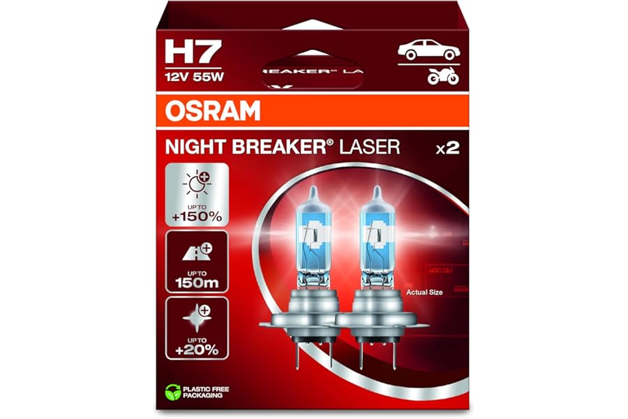 OSRAM NIGHT BREAKER LASER H7, +150% more brightness, halogen headlight lamp, 64210NL-2HB, 12V, Hanging folding box (2 lamps)