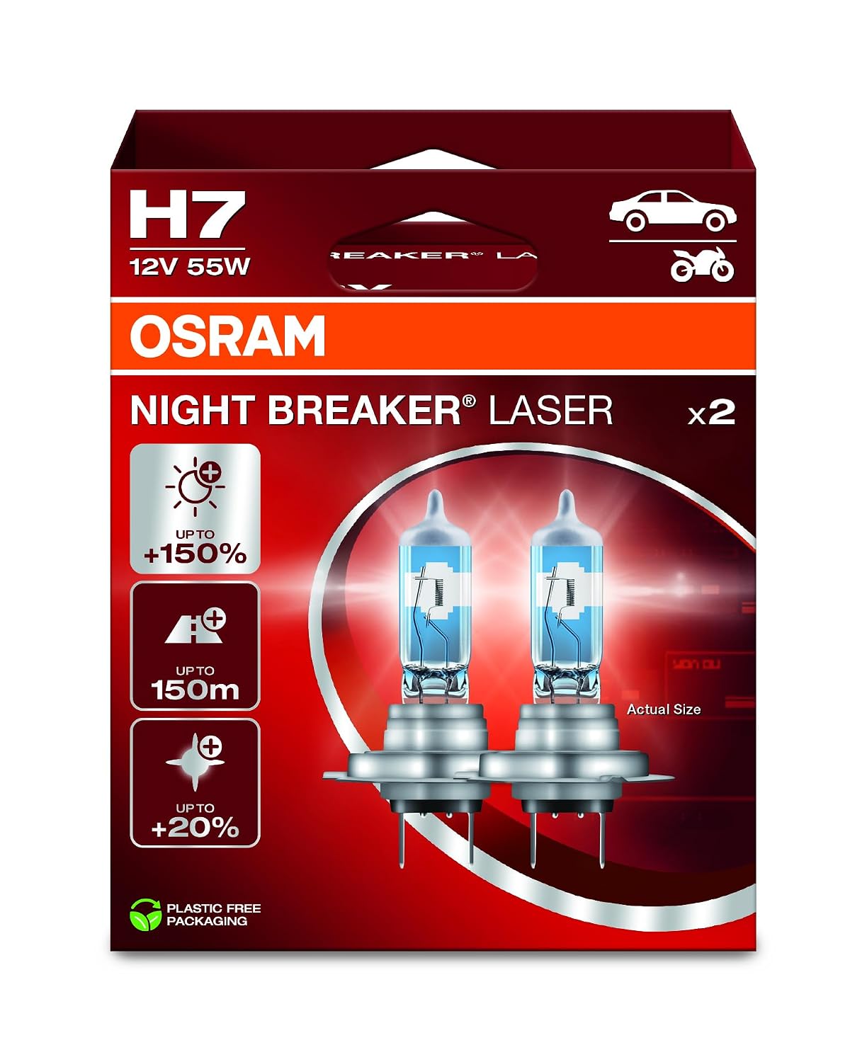 OSRAM NIGHT BREAKER LASER H7, +150% meer helderheid, halogeen koplamplamp, 64210NL-2HB, 12V, Hangende vouwdoos (2 lampen)