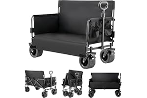 Reenborn Festival Trolley Convert to Bench, Collapsible Heavy Duty Camping Trolley on Wheels, Folding Beach Carts for Sand, Utility Grocery Wagon for Shopping, Garden, Sports and Fishing (LY008-Black)