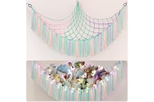 Lunriwis Kuscheltier Aufbewahrung Netz mit LED-Leuchten, Boho Makramee Spielzeug kinderzimmer deko, StofftieStofftier Aufbewahrungstasche Hängematte Aufbewahrung Kuscheltiere Lila