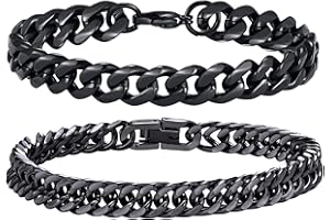 TempBeau 2Pcs Bracelets Hommes Acier Inoxydable : Chaîne Gourmette Homme 19-21cm Argent Noir Rappeur Hip Hop Chaîne Cubaine Mode Cadeaux Pour Femmes Fils Papa Le mari