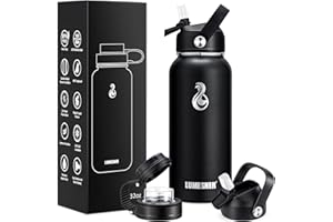 LUMESNER Vacuum Insulated Stainless Steel Water Bottle,1000ml- 2 Lids (Straw Lid and Spout Lid), 2 Straws Water Bottle (Midnight Black)