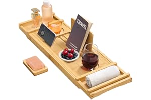 SONGMICS Bamboo Bath Tray, Extendable Bath Caddy Tray, 70-95.6 cm Wide Bath Shelf, Foldable, Non-Slip Bathtub Tray, with Wine Glass, Tablet, Book, Towel Holders, Natural Beige BCB072N01