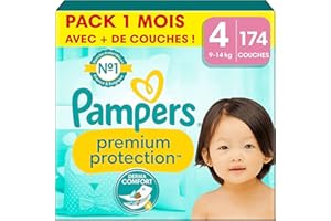 Pampers CouchesPremium Protection Taille 4 (9-14 kg), 174 Couches Bébé, Pack 1 Mois, Notre N°1 Pour La Protection Des Peaux Sensibles, Maintenant avec Plus de Couches