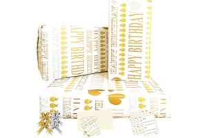 ZALIOAN Papel de Regalo Cumpleaños Oro,4 Hojas 85 * 60cm Papel Regalo con 4*Cuerda de mariposa,2*Tarjetas,4*Calcomanías para Mujer,Hombre,Niña,Niño,Cumpleaños,Navidad,Boda