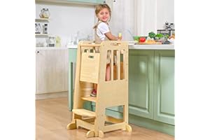 WINGYZ Wooden 3-Height Adjustable Toddler Learning Tower for Baby Helper Bathroom Kitchen Nursery, Toddler Step Stool with Anti-tilt Structure Anti-slip Strips Sliding Door (Natural Wood)