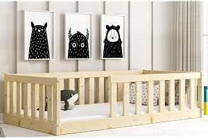 Bella 160x80 spjälsäng med säkerhetsgrind och ribbotten, enkelsäng, Montessorisäng, spjälsäng, säng för små barn upp till 120 kg, massiv furu, för pojkar och flickor (Naturlig furu, 160x80)