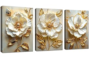 WENGTIAO 3 Pezzi Stampa su Tela 3D Fiori di Peonia Bianca Con Cornice Quadro su Tela Lusso Foglie d'oro Floreale Quadri Moderni Soggiorno Casa Camera da Letto Pittura Decorazioni Parete 40x60 cmx3