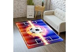 PEIHUODAN Modern 3D Football Printed Area Rug Anti-slip Teen Boys Men Sport Style Yin Yang Water Fire Football Lightning Green Football Field Baby Play Rug Gaming Washable (Blue,120 x 180 cm)