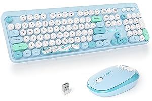 SOLIDEE combo de ratón y teclado inalámbricos,104 teclas teclado estilo máquina de escribir,2.4GHz Teclado de Máquina de Escribir de Teclas Redondas con Teclado Numérico(Americano QWERTY)(Bear Blue)