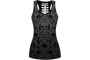 Ocean Plus Femme Crâne Sport Débardeurs Gothique Cache-cœur Gilet d'entraînement sans Manches Chemise Criss Cross Noir T-Shirt Halloween