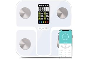 ANJOCARE Báscula de grasa corporal con pantalla LED grande, básculas digitales de baño con aplicación para Smartphone, 16 mediciones actualizadas, analizadores de composición corporal