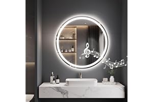 Dripex 500 mm Bluetooth Round LED Bathroom Mirror, Illuminated Circle Bathroom LED Mirror with Speaker, Anti-fog, Wall Mounted, 3 Lighting Modes, Dimmable, Front+Backlit, IP44