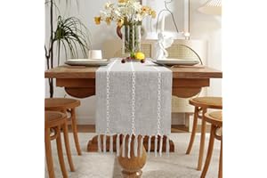 Wracra Baumwoll Leinen Tischläufer Bauernhaus Stil Grau Tischläufer 180cm mit Handquasten für Partys, Esszimmer-Dekorationen, Dessert-Tischdekoration(Leichter Grau, 180cm)