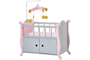 Olivia's Little World Polka Dot Princess Wooden Baby Doll Crib with Storage Underneath, Cushions, and Mobile, Grey/Pink
