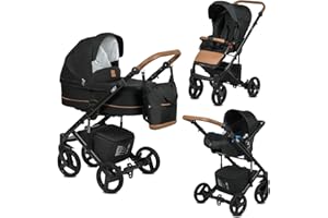 EMJOT Poussette Combinée Trio 3 en 1 Neri Noir– Landau, poussette promenade, siège auto Groupe 0+ - Livrée avec ses accessoires.