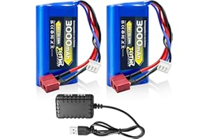 TQTHL 2 sztuki akumulatorów 2S, 7,4 V Li-Ion 3000 mAh z wtyczką Deans T do samochodów RC, łodzi i ciężarówek z 1 x 2-gniazdową ładowarką USB