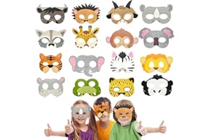 Yeefunjoy 16 Piezas Animal Masks, Máscaras con Cuerda Elástica Máscaras de Animales Tema de Animales de la Selva Máscaras Bolsas de Fiesta para Niños Viste de Cosplay para Cumpleaños Halloween
