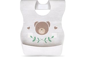 Budding Bear Bavaglini Monouso Bambini (60 Pezzi) - Bavette Bambino Monouso con Scollo Regolabile, Strisce Adesive e Tasca di Raccolta - Impermeabile e Assorbente - 20,5 x 34,5 cm