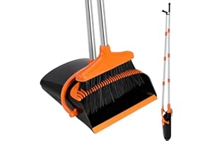 Mkitnvy Besen und Kehrschaufel Set, Aufrechter Besen mit ausziehbarem Stiel, Kehrschaufel mit 115 cm langem Stiel, orange, modern, Hartboden, Edelstahl, PET-Borsten