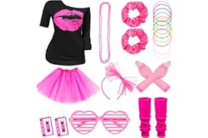 KITIMI 80s Fancy Dress for Women, 10 PCS 80s costume, 80s Accessories for Women, Neon Costume Accessories, Lips Print T-Shirt Skirt with 80s Earrings Necklace for 80s Theme Party