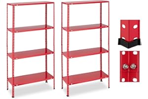 Relaxdays Étagère Charge Lourde, Lot de 2, 160 kg Max., 4 Niveaux, HxLxP:147,5x75,5x30,5 cm, Cave & Garage, métal, Rouge