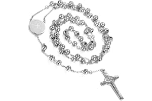 Flongo Collana Rosario da Uomo,Collane Novelty Y,Collana Catena Lunga con Pendente Croce Crocifisso,Rosario Cattolico con Medaglia Fatto a Mano,Regalo Natale
