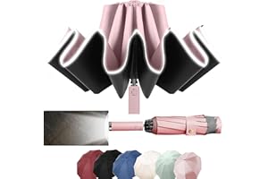 MZSX Regenschirm, LED-Licht, Taschenschirm, winddicht und sturmfest, Umgekehrtes Faltdesign, Klein Kompakt, Reflektoren Am Rand, für Herren und Damen