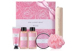 SPA LUXETIQUE Set de Regalo de Baño para Mujer - Gel de Ducha, Loción Corporal, Baño de Burbujas, Crema de Manos, Bolsa de Lino con Cordón, Set de Regalo de Viaje para el Día de San Valentín