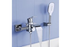 KULACO Robinetterie de baignoire avec douchette, Robinet de baignoire cascade, Mitigeur de douche en laiton avec 3 fonctions, Robinetterie de baignoire avec interrupteur à pression - Chrome
