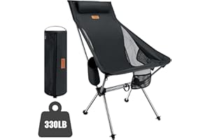 MATEPROX Sedia Pieghevole da Campeggio con Schienale Alto Impermeabile Resistente Portatile Carico 150KG Sediette Mare con Poggiatesta e Tasca, Sedia da Campeggio Deluxe per Picnic, Pesca-Nero