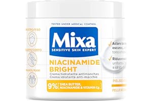 Mixa Crema Corporal Niacidamide Bright para pieles apagadas con 9% de [Manteca de karité + Niacinamida + Vitamina Cg]. Aclara las manchas oscuras. Apta para pieles sensibles. 400 ml.
