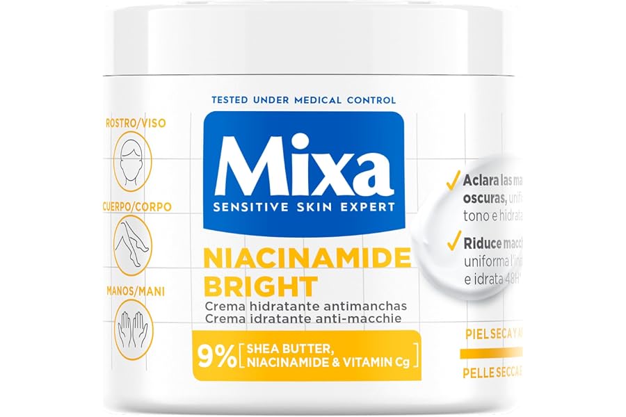 Mixa Crema Corporal Niacidamide Bright para pieles apagadas con 9% de [Manteca de karité + Niacinamida + Vitamina Cg]. Aclara