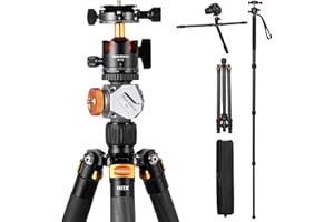 TARION Statyw fotograficzny z włókna węglowego, podwójny statyw fotograficzny 360°, panoramiczny głowica kulowa, trójnożny statyw jednonożny z płytą szybkiego wymiany i akcesoriami rozszerzeniowymi do