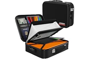 JUNDUN Ognioodporne pudełko na dokumenty z zamkiem, twarda obudowa, organizer na dokumenty z 13 przegródkami, ognioodporna torba do przechowywania dokumentów A4, dokumentów, paszportu i wielu innych