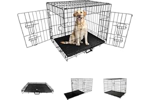 Straame Heavy-Duty Folding Dog Crate for XL Dogs, 107 × 68 × 75 cm (42″) Black Metal Cage with Front & Side Doors, Chew-Resistant, Removable Easy-Clean Plastic Tray & Carry Handle