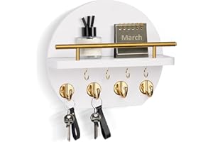 Nekon Key Holder for Wall - 9.8 Inch Apartment Wall Decor with Shelf and 8 Key Hooks, Circular Wood Key Hanger for Home Decor (White&Gold)