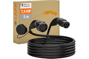 LAPP MOBILITY Câble de Recharge 5m Type 2 7,4 KW - Lisse - 32 A - monophasé - Câble de Recharge pour Voiture électrique - Mode 3 - Fabriqué en Allemagne, Noir