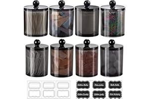 SHEECHUNG 8 Pack Qtip Dispenser Apothecary Jars Bathroom Set with Labels - Black Plastic Qtip Holder Storage Set for Cotton Ball,Cotton Swab,Cotton Rounds,Floss Picks, Hair Clips，Hair Ties(Black,15oz & 12oz)