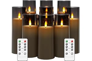 MozkeTo19 Flickering Flameless Candles, Battery Operated with Remote and 2/4/6/8 H Timer, Pack of 9 (D2.3 xH 5" 6" 7") with Realistic Moving Wick Candles for Home Decor (Grey)
